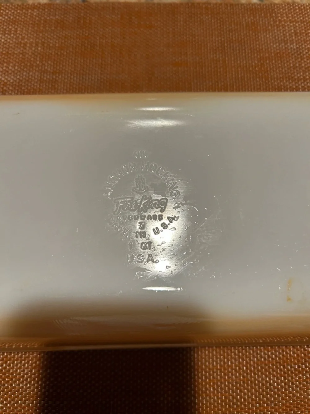 Fire King #409 Peach Lustre 1Qt. Loaf Baking Dish. 9” x 5” No chips or cracks.